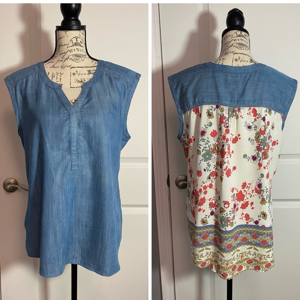 Natural Reflections Blue Denim-look Floral‎ Back Sleeveless Blouse Large/L N